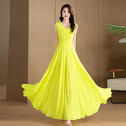 黄色夏季连衣裙长款大摆柠檬色清新雪纺沙滩裙飘逸垂度透气显瘦裙