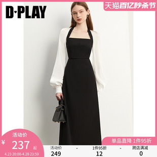 DPLAY春季女中式黑白连衣裙法式方领连衣裙鎏光纱长袖长裙礼服