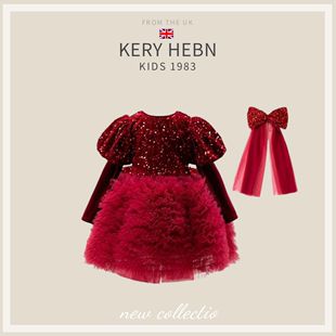 KeryHebn女童新年红色亮片公主裙女孩丝绒礼服高端重工蛋糕网纱裙