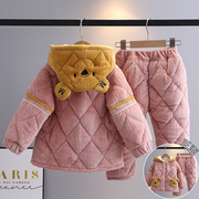 儿童睡衣冬季女童法兰绒三层加厚女童小孩宝宝珊瑚绒夹棉家居服