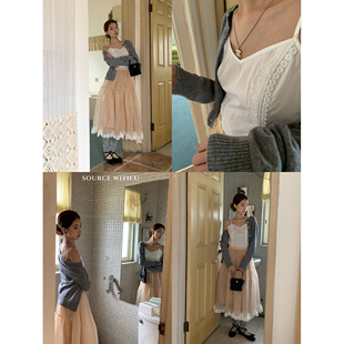 SourceWithU酸奶西柚 2way粉蕾丝拼接两穿纱裙温柔气质长款半身裙