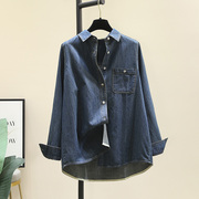 设计感深蓝色牛仔衬衫女外套，2024年春季韩版宽松休闲衬衣上衣