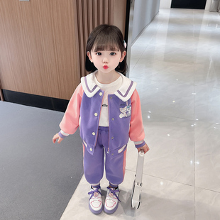 女童洋气春装韩版套装儿童卡通，休闲拉链卫衣两件女宝宝运动衣服潮