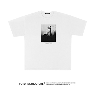 未来结构夏季简约剪影抽象数码直喷印花日系宽松重磅白色短袖T恤