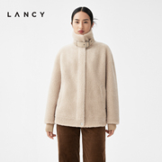 LANCY/朗姿2023冬季颗粒羊毛大衣女机车短款高级感羊羔毛外套