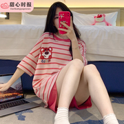 睡衣女夏季薄款短袖纯棉宽松024网红风条纹T恤家居服两件套装