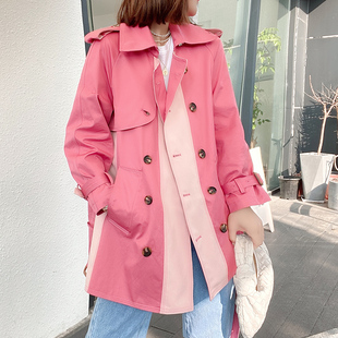 韩版粉红色减龄中长款双排扣长袖风衣外套女冬季欧洲站潮