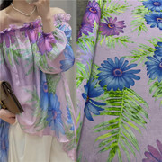 夏季高定淡紫底植物花卉，印花真丝乔其纱布料仙气大摆连衣裙桑蚕丝