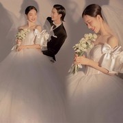 影楼主题服装韩版情侣写真拍照摄影礼服一字肩泡泡袖拖尾婚纱