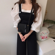 韩国chic气质方领镂空钩花泡泡袖，衬衫+高腰，阔腿背带连体裤长裤女