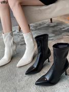白色高跟靴子女2023春秋季尖头短靴女细跟瘦瘦靴马丁靴中筒靴