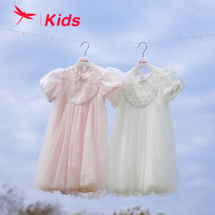 红蜻蜓女童装2024夏季新中式，短袖连衣裙时尚洋气，网纱公主裙子