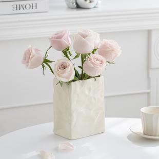 高级感简约奶油褶皱，纸袋花瓶鲜花水培插花摆件，客厅餐厅干花装饰品