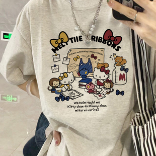 Hellokitty凯蒂猫大码女装2025夏胖mm遮肚重磅短袖t恤女纯棉上衣
