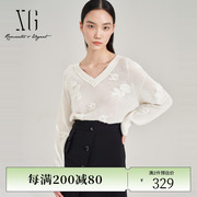 xg雪歌镂空设计长袖，毛针织衫2023秋季米，白色宽松套头羊毛衫女