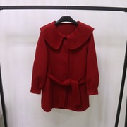 娃娃领红色羊毛大衣女冬装韩系带收腰减龄小个子双面羊毛外套