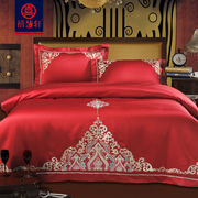 欧式贡缎大红色婚庆四件套全棉刺绣，新婚庆(新婚庆)床上用品结婚六件套床品