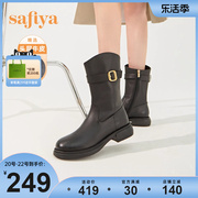 Safiya/索菲娅冬季英伦风复古皮带扣斜口圆头黑色短靴