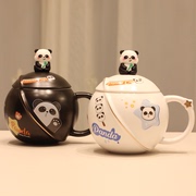 可爱熊猫马克杯带盖带勺子陶瓷杯子卡通家用喝水杯情侣办公室茶杯