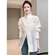 新中式国风白色衬衫女2024夏季立领蕾丝长袖衬衣别致绝美上衣