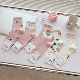 5双袜子女中筒袜精梳棉，粉色可爱小花，棉袜春秋甜美小清新ins潮袜