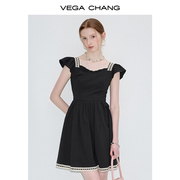 VEGA CHANG黑色连衣裙女2024年夏季小个子收腰显瘦法式小黑裙