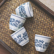 青花瓷功夫茶杯陶瓷茶碗，老式茶复古茶杯品茗杯水缸，杯高足仿古茶杯