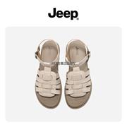 jeep厚底编织罗马女夏季软底，2022复古舒适真皮小坡跟凉鞋