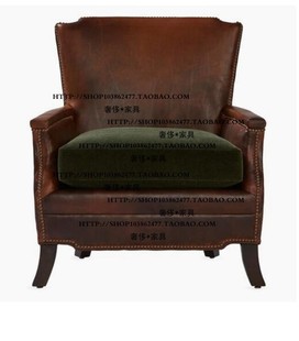 比利时美式北欧实木油蜡皮铆钉，皮布单人位沙发，椅洽谈椅交椅家具