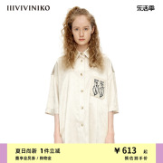 IIIVIVINIKO夏季光泽感短袖翻领直身衬衫女M230401101A