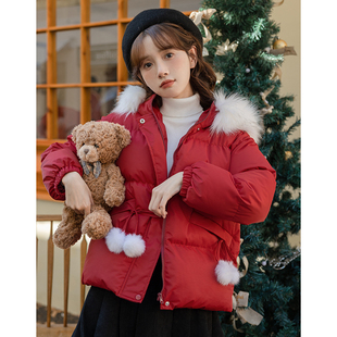 圣诞红色棉服女短款大毛领加厚外套冬季羽绒服，女生棉衣小个子