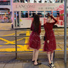 新年红色连衣裙女2022年秋冬小个子网，纱拼接针织长袖仙女裙子