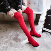 红色靴子低跟平底过膝长靴长筒靴女弹力瘦靴大码女靴小码女鞋 WQL