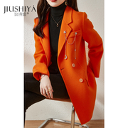 玖诗娅橘色双面羊毛大衣女，短秋冬橙色高端双排，扣小个子羊毛呢外套