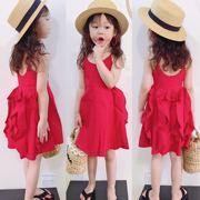 网红童装亲子装2023夏新女童，儿童女神范吊带(范吊带)荷叶，吊带连衣裙仙女裙