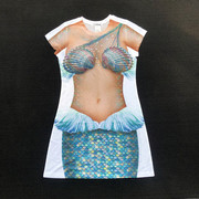 欧美街头潮趣女神夏季短袖连衣裙3D创意仿真粉色美人鱼显瘦沙滩裙