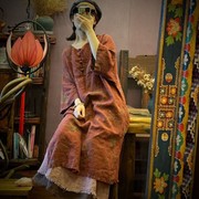 2024春季棉麻女装原创设计长袖砂洗亚麻印花中式民族风连衣裙袍子