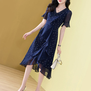 蓝色雪纺连衣裙女短袖2024夏季优雅气质修身显瘦不规则裙子