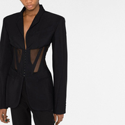 高级感鱼骨束腰黑色西装外套，设计感小众透视网纱拼接收腰显瘦西服