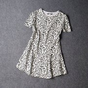 1557-垂顺飘逸艾家素色，豹纹印花收腰大摆圆领，短袖雪纺连衣裙