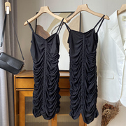 黑色v领套头吊带连衣裙，修身显瘦无袖中裙子，时尚休闲洋气b》20