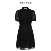 VGRASS墨黑色蕾丝连衣裙夏季经典玛丽官系带连衣裙VSL2O24050