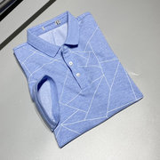 浅蓝菱形格纹印花 男短袖POLO衫 翻领线条套头上衣 春夏男短袖T恤