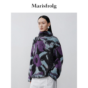 商场同款玛丝菲尔冬季堆堆领式撞色印花羊毛针织衫