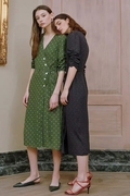 三木同款法式复古茶歇裙19夏季绿色桔梗裙过膝V领中袖雪纺连衣裙