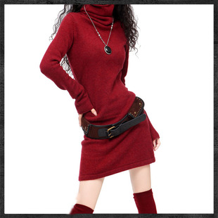 阿卡秋冬韩版女装堆堆领喇叭袖毛衣中长款修身显瘦套头针织衫