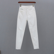 牛仔裤2024年夏季薄款白色毛边，9分小脚裤潮流，破洞紧身高腰铅笔裤