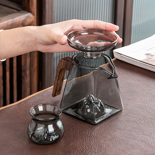 玻璃公道杯木把加厚耐热茶具分茶器茶漏一体，观山高档茶海套装家用