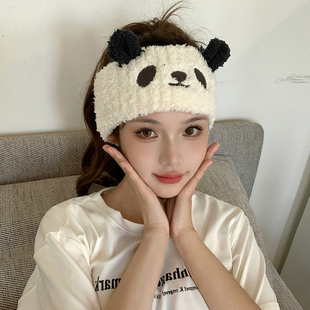 日系毛绒绒洗脸发带女可爱熊猫，宽束发带头巾压发发箍月子头套头饰