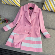 品牌折扣中长款粉红色羊毛呢，大衣女秋冬甜美西装，领双排扣拼色外套